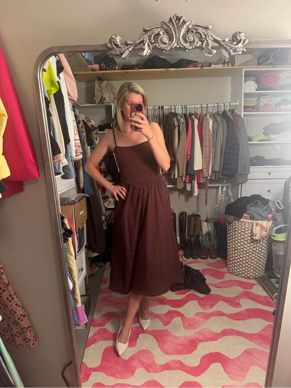 Sleeveless Brown Midi Dress with Slim Straps - Picture 4 of 8